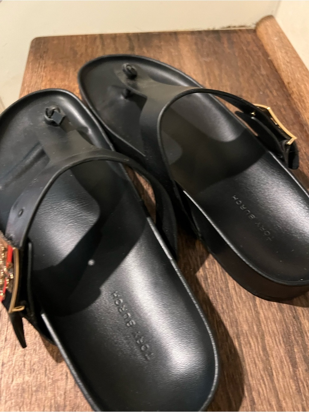 Tory Burch Black Sandal with Gold Logo Accent - Picture 4 of 5